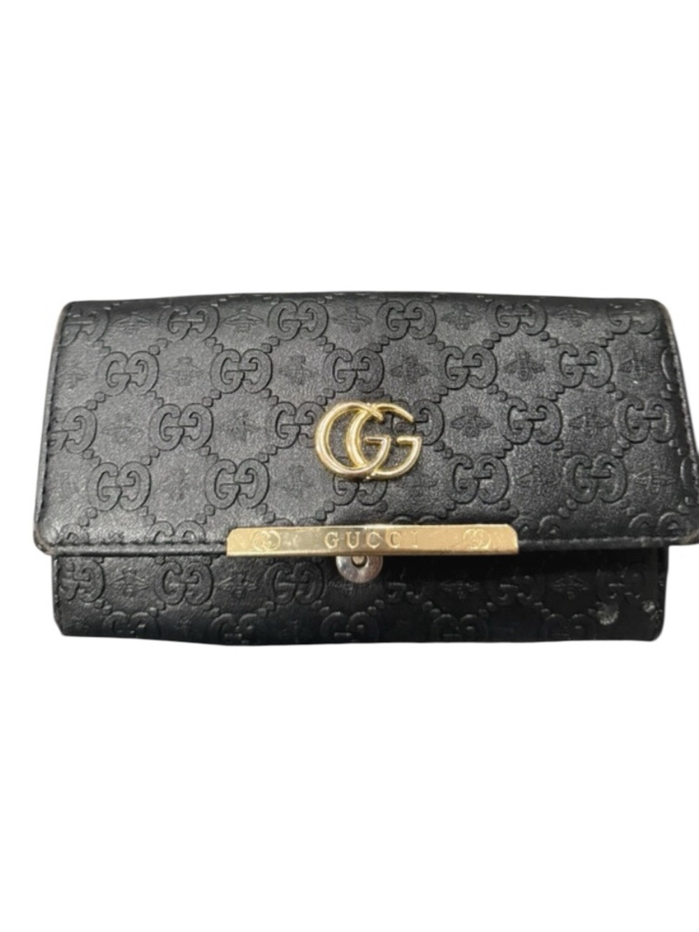 Gucci Black GG-Stamped Leather Wallet with Gold Double G